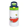 Children's hot water bottle, stainless steel, with safety straw, green, blue (350ml)