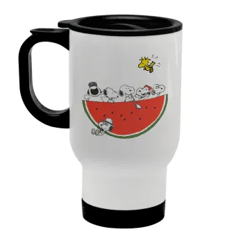 Snoopy summer, Stainless steel travel mug with lid, double wall white 450ml