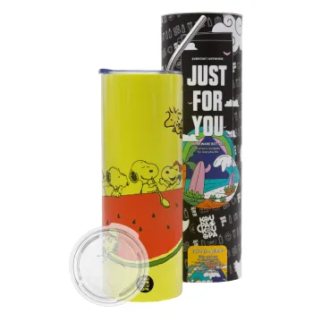 Snoopy summer, Neon Yellow Travel Tumbler θερμό, μεταλλικό καλαμάκι(Ανωξείδωτο 304 Food grade, BPA free, 600ml)