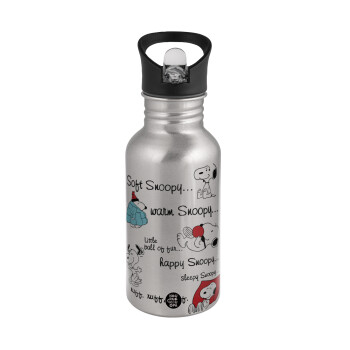 Snoopy manual, Water bottle Silver with straw, stainless steel 500ml