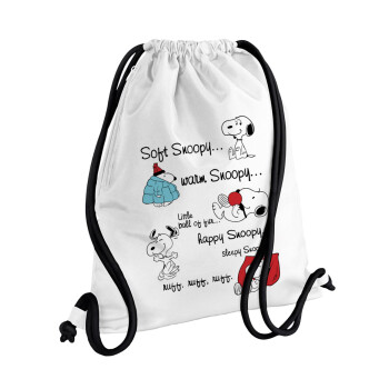 Snoopy manual, Τσάντα πλάτης πουγκί GYMBAG λευκή, με τσέπη (40x48cm) & χονδρά κορδόνια