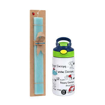 Snoopy manual, Easter Set, Children's thermal stainless steel bottle with safety straw, green/blue (350ml) & aromatic flat Easter candle (30cm) (TURQUOISE)