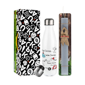 Snoopy manual, Easter candle, metallic white thermos bottle (500ml) & aromatic flat candle (30cm) (GRAY)