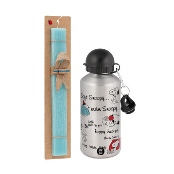 Snoopy manual, Easter Set, metallic silver aluminum water bottle (500ml) & scented flat Easter candle (30cm) (TURQUOISE)