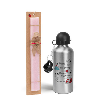 Snoopy manual, Easter Set, metallic Silver aluminum water bottle (500ml) & scented flat Easter candle (30cm) (PINK)