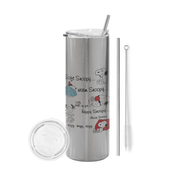 Snoopy manual, Eco friendly stainless steel Silver tumbler 600ml, with metal straw & cleaning brush