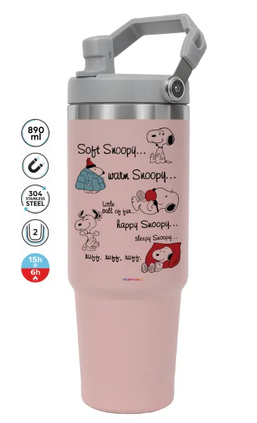 Snoopy manual — ΡΟΖ Travel Tumbler Θερμός με χερούλι και καλαμάκι 890ml