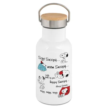 Snoopy manual, Μεταλλικό παγούρι θερμός (Stainless steel) Λευκό με ξύλινο καπακι (bamboo), διπλού τοιχώματος, 350ml