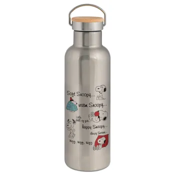 Snoopy manual, Stainless steel Silver with wooden lid (bamboo), double wall, 750ml
