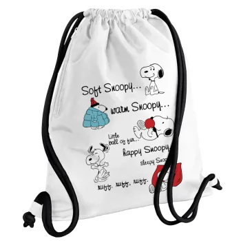 Snoopy manual, Τσάντα πλάτης πουγκί GYMBAG λευκή, με τσέπη (40x48cm) & χονδρά κορδόνια
