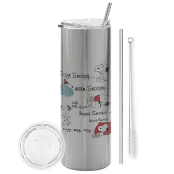 Snoopy manual, Tumbler ποτήρι θερμό Ασημένιο από ανοξείδωτο ατσάλι 600ml, με μεταλλικό καλαμάκι & βούρτσα καθαρισμού