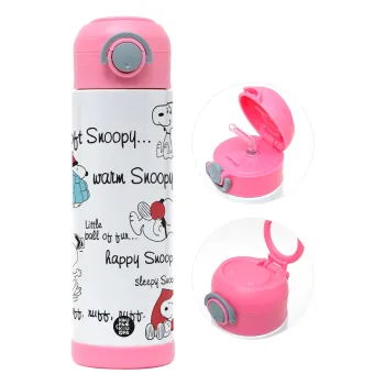 Snoopy manual, Παιδικό παγούρι θερμό, ανοξείδωτο, με καλαμάκι ασφαλείας, ΡΟΖ (500ml)