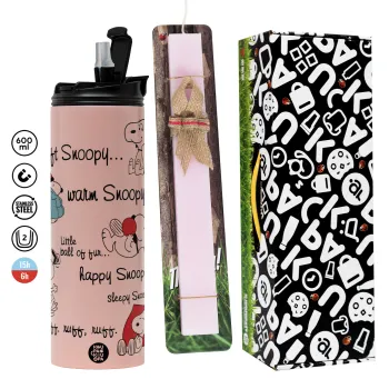 Snoopy manual, Πασχαλινή Λαμπάδα με  ΡΟΖ Travel Tumbler θερμό (600ml, BPA free) & κερί αρωματικό πλακέ (30cm) (ΡΟΖ)