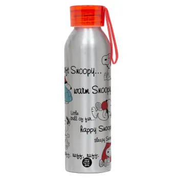 Snoopy manual, Αλουμινένιο Αθλητικό Μπουκάλι 650ml – Ασημί με Κόκκινο Καπάκι και Λουράκι Σιλικόνης