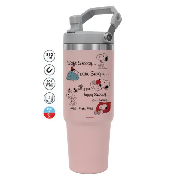 Snoopy manual, ΡΟΖ χρώματος Θερμός Ανοξείδωτο 890ml (30oz) με χερούλι