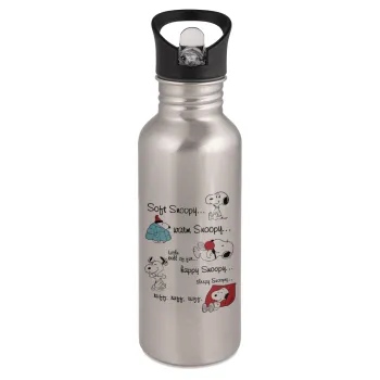 Snoopy manual, Water bottle Silver with straw, stainless steel 600ml