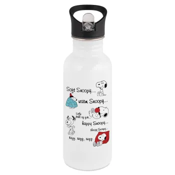 Snoopy manual, White water bottle with straw, stainless steel 600ml