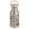 Stainless steel metallic thermos flask, silver with a bamboo lid, double-walled, 350ml.
