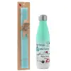 Easter Set, Metallic green/white thermos (Stainless steel), double-walled, 500ml & scented flat Easter candle (30cm) (TURQUOISE)