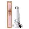 Easter Set, metallic stainless steel water bottle (750ml) & scented flat Easter candle (30cm) (PINK)