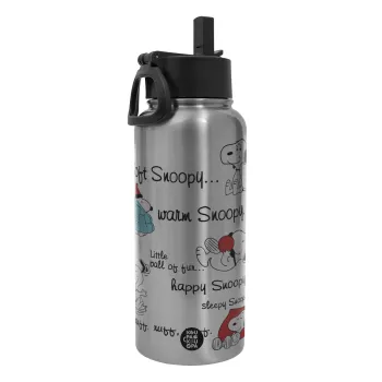 Snoopy manual, Metal mug thermo Silver with Straw and Spout Lid (Stainless steel), double wall, 950ml
