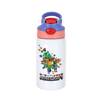 Minecraft adventure, Children's hot water bottle, stainless steel, with safety straw, pink/purple (350ml)