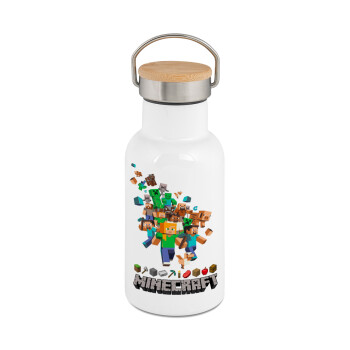 Minecraft adventure, Μεταλλικό παγούρι θερμός (Stainless steel) Λευκό με ξύλινο καπακι (bamboo), διπλού τοιχώματος, 350ml