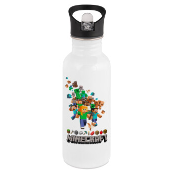 Minecraft adventure, White water bottle with straw, stainless steel 600ml