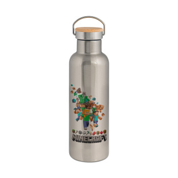 Minecraft adventure, Stainless steel Silver with wooden lid (bamboo), double wall, 750ml