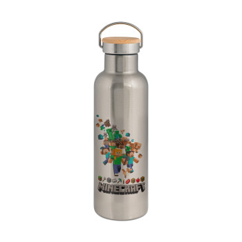 Minecraft adventure, Μεταλλικό παγούρι θερμός (Stainless steel) Ασημένιο με ξύλινο καπακι (bamboo), διπλού τοιχώματος, 750ml