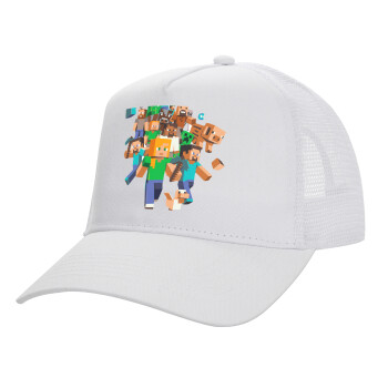 Minecraft adventure, Structured Trucker Adult Hat, with Mesh, WHITE (100% COTTON, ADULT, UNISEX, ONE SIZE)
