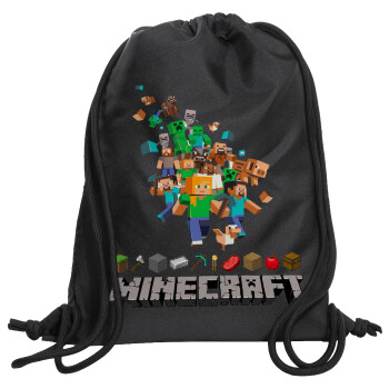 Minecraft adventure, Τσάντα πλάτης πουγκί GYMBAG Μαύρη, με τσέπη (40x48cm) & χονδρά κορδόνια