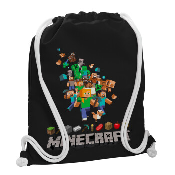 Minecraft adventure, Τσάντα πλάτης πουγκί GYMBAG Μαύρη, με τσέπη (40x48cm) & χονδρά λευκά κορδόνια