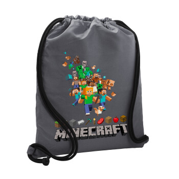 Minecraft adventure, Backpack pouch GYMBAG GREY, with pocket (40x48cm) & thick cords