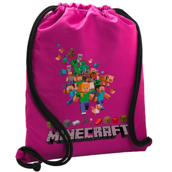 Minecraft adventure, Backpack pouch GYMBAG Fuchsia, with pocket (40x48cm) & thick cords