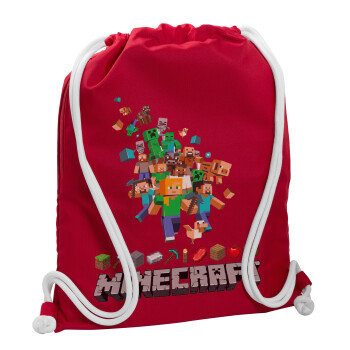 Minecraft adventure, Backpack pouch GYMBAG Red, with pocket (40x48cm) & thick cords