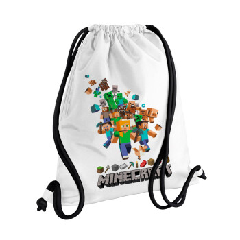 Minecraft adventure, Τσάντα πλάτης πουγκί GYMBAG λευκή, με τσέπη (40x48cm) & χονδρά κορδόνια