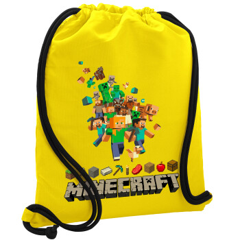 Minecraft adventure, Τσάντα πλάτης πουγκί GYMBAG Κίτρινη, με τσέπη (40x48cm) & χονδρά κορδόνια