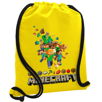 Minecraft adventure, Backpack pouch GYMBAG Yellow, with pocket (40x48cm) & thick cords