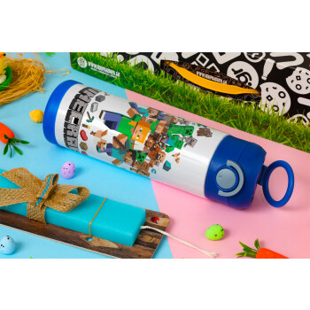 Minecraft adventure, Easter candle, Childrens hot water bottle, stainless steel, with safety straw, BLUE (500ml)