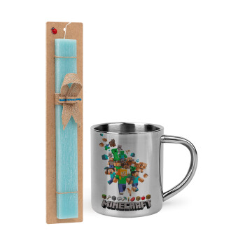 Minecraft adventure, Easter Set, metallic thermal cup (300ml) & aromatic flat Easter candle (30cm) (TURQUOISE)