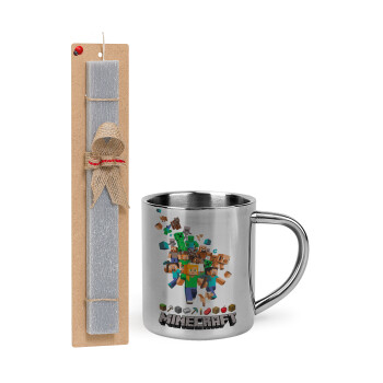 Minecraft adventure, Easter Set, metallic thermal cup (300ml) & Easter aromatic flat candle (30cm) (GRAY)