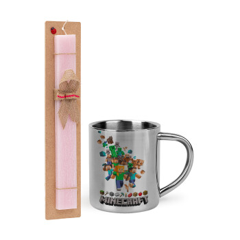 Minecraft adventure, Easter Set, metallic thermal cup (300ml) & aromatic flat Easter candle (30cm) (PINK)