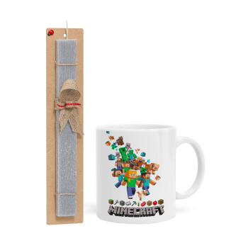 Minecraft adventure, Πασχαλινή Λαμπάδα με Κούπα κεραμική (330ml) & κερί αρωματικό πλακέ (30cm) (ΓΚΡΙ)