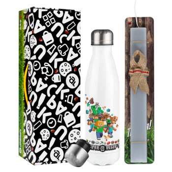 Minecraft adventure, Easter candle, metallic white thermos bottle (500ml) & aromatic flat candle (30cm) (GRAY)