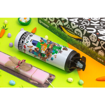 Minecraft adventure, Easter candle,Travel Tumbler 2 Lids, with metal straw & cleaning brush & aromatic flat candle (30cm) (PINK)