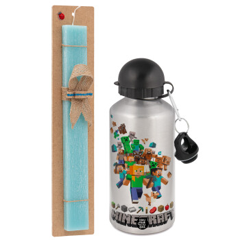 Minecraft adventure, Easter Set, metallic silver aluminum water bottle (500ml) & scented flat Easter candle (30cm) (TURQUOISE)