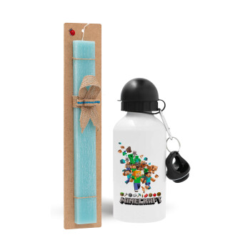 Minecraft adventure, Easter Set, metallic aluminum water bottle (500ml) & scented flat candle (30cm) (TURQUOISE)