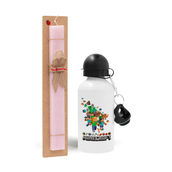 Minecraft adventure, Easter Set, metallic aluminum bottle (500ml) & aromatic flat Easter candle (30cm) (PINK)