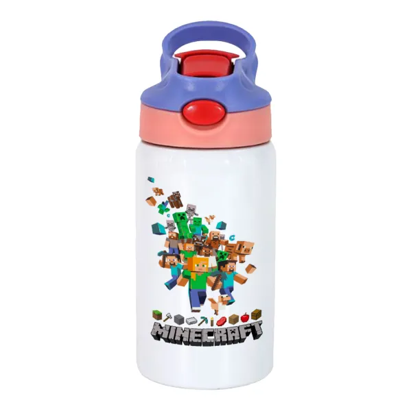 Minecraft adventure — Children's hot water bottle, stainless steel, with safety straw, pink/purple (350ml)